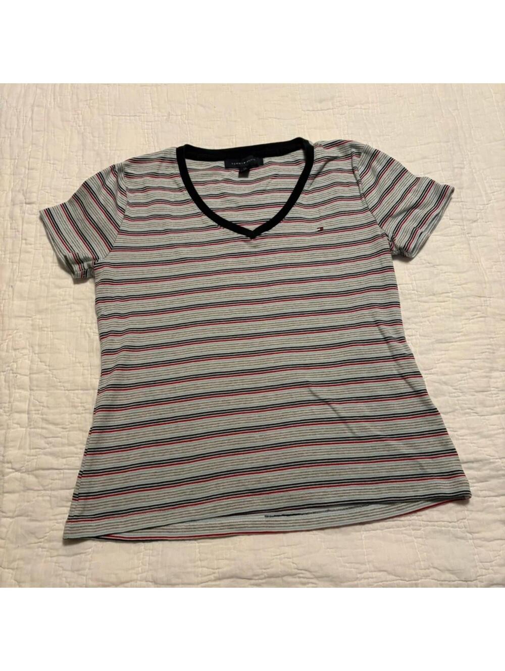 Tommy Hilfiger Striped V-Neck Short Sleeve Tee - Size L Preppy Casual Striped